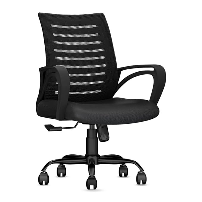 Mesh Mid Back Chair | Ergonomic Office, Study, Revolving, Computer Chair for Work from Home Heavy Duty Metal Base, Seat Height Adjustable (Black)